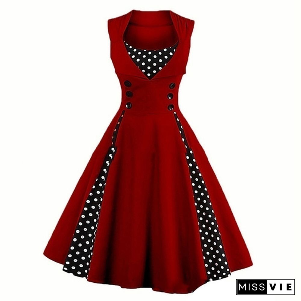 Fashion Woman Robe Pin Up Dress Retro Vintage Dot Swing Summer Female Sleeveless Party Dresses