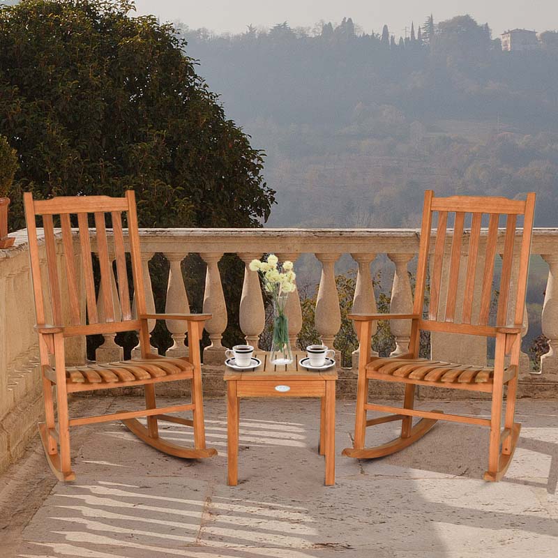 3 Pcs Eucalyptus Rocking Chair Set Outdoor Bistro Set with Accent Coffee Table