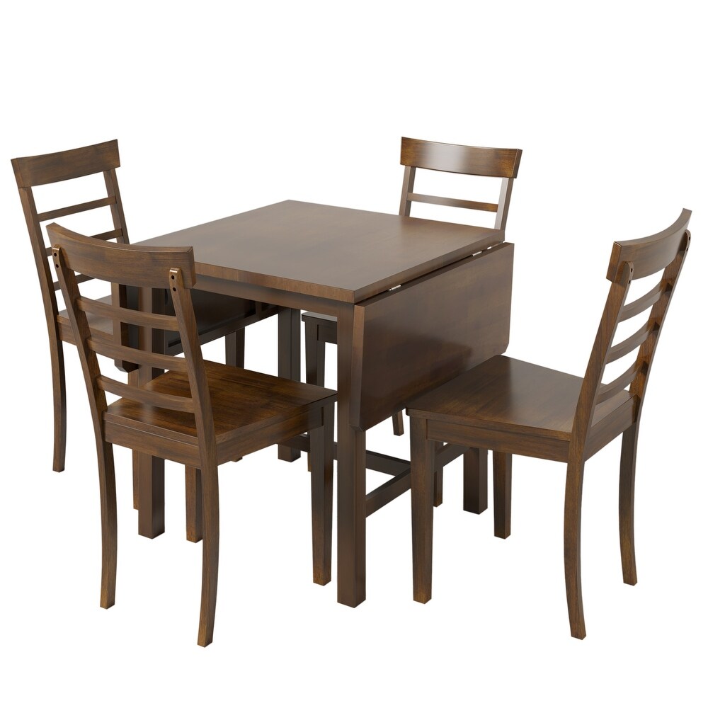 5 Pc Wood Square Drop Leaf Dining Set w/ 4 Chairs for Small Spaces