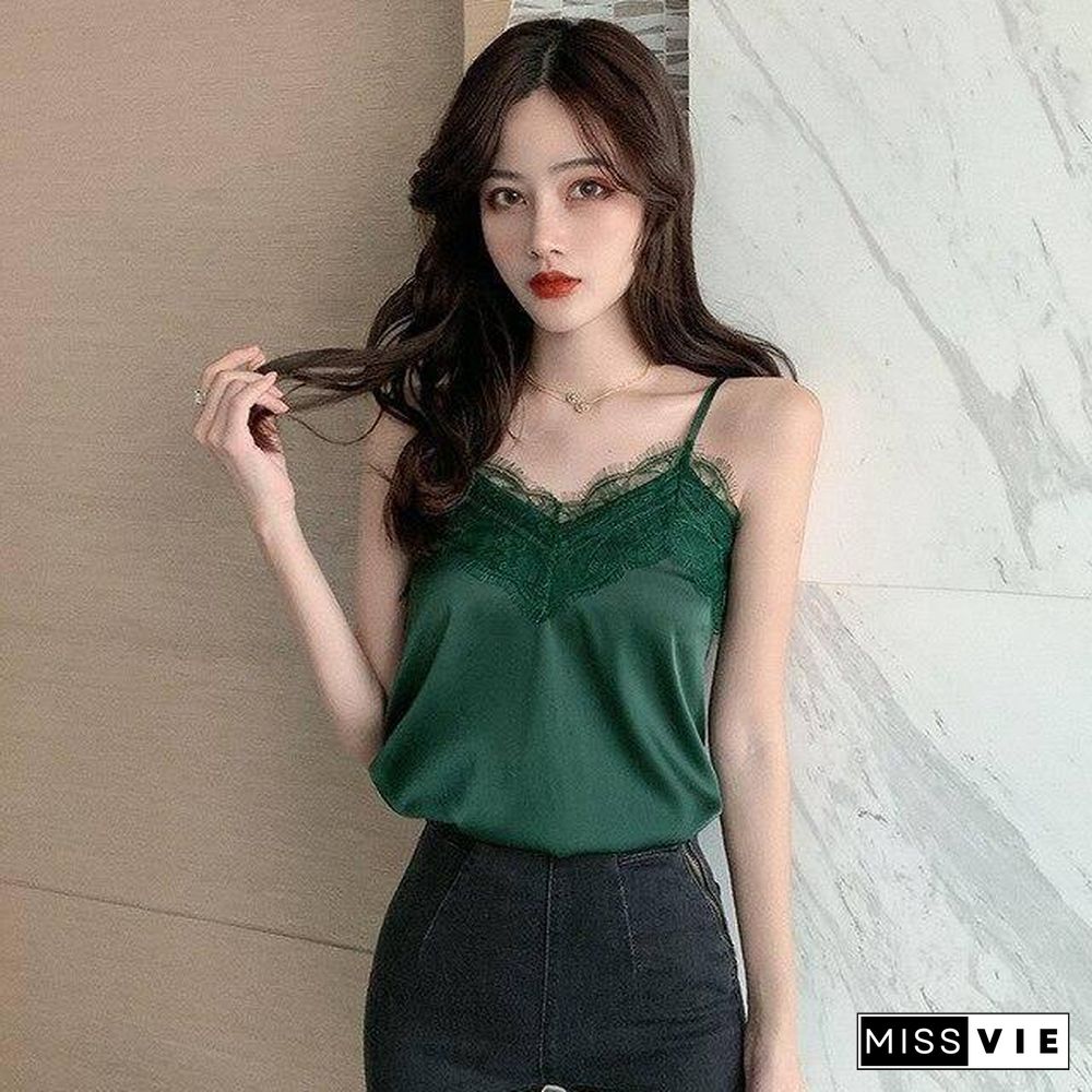 Summer Satin Tank Top Women Camis Roupas Slik Summer Lace Tops Female Camisole Black Halter Crop Tops Plus Size XXXL/4XL