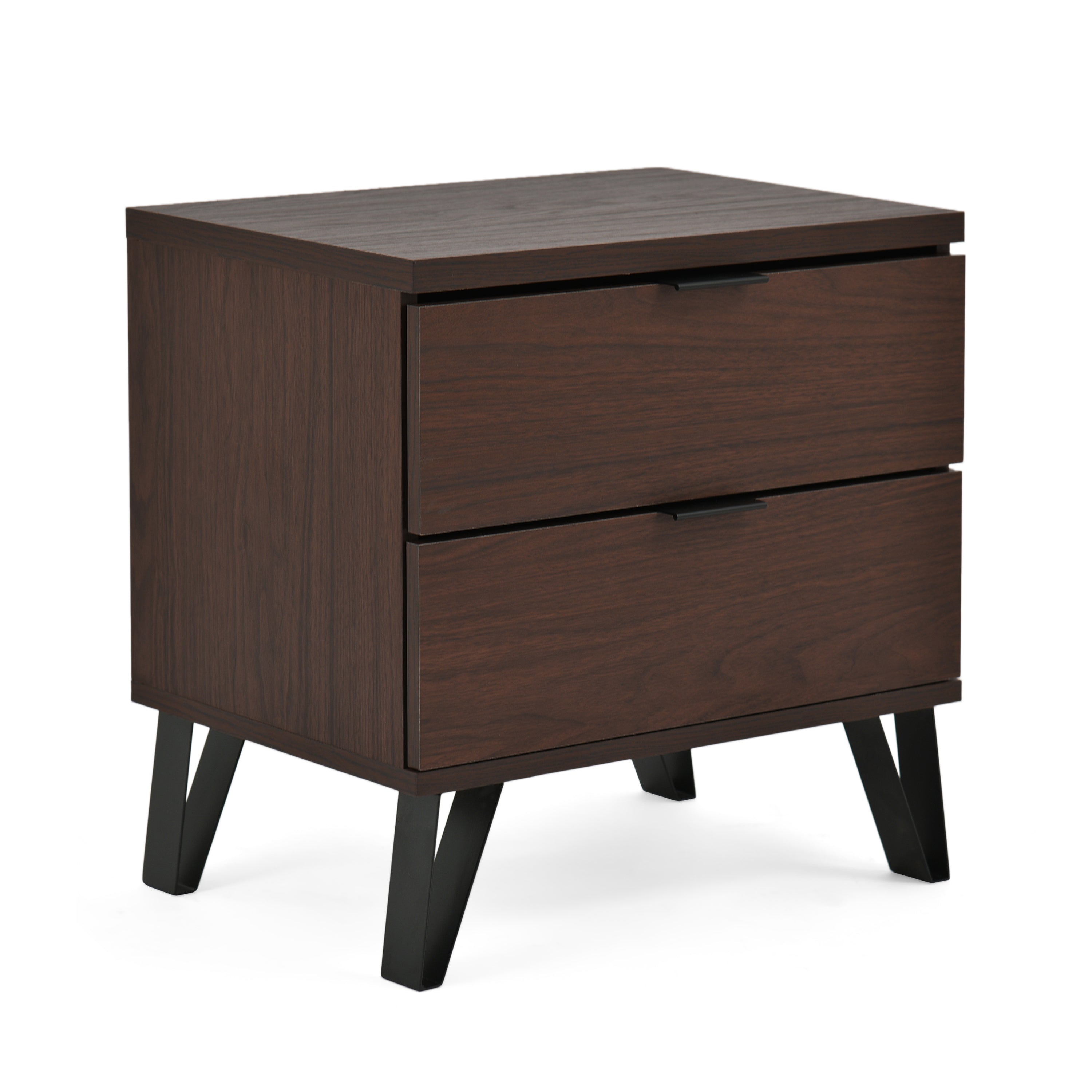 Demijen Modern Industrial 2 Drawer Wide Nightstand, Walnut and Matte Black