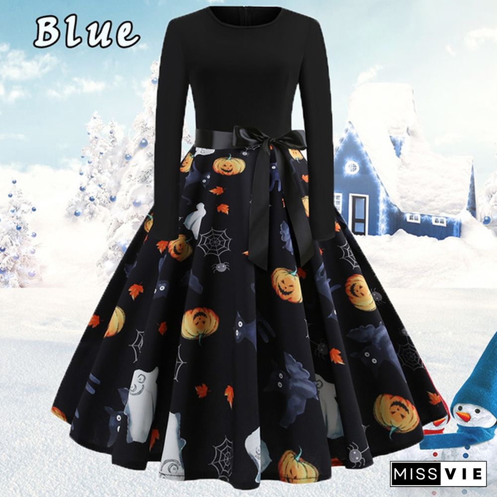 Dresses for Women Party Christmas Round Neck Belt Prom Dresses Halloween Costumes Long Sleeve Dresses Elegant Pumpkin Santa Claus Printed Evening Pleated Dresses