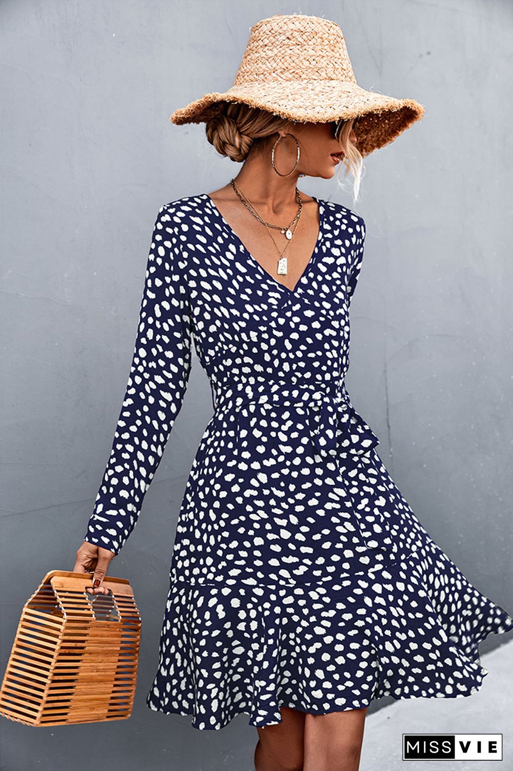 Polka Dot Long Sleeve Midi Dress Wholesale