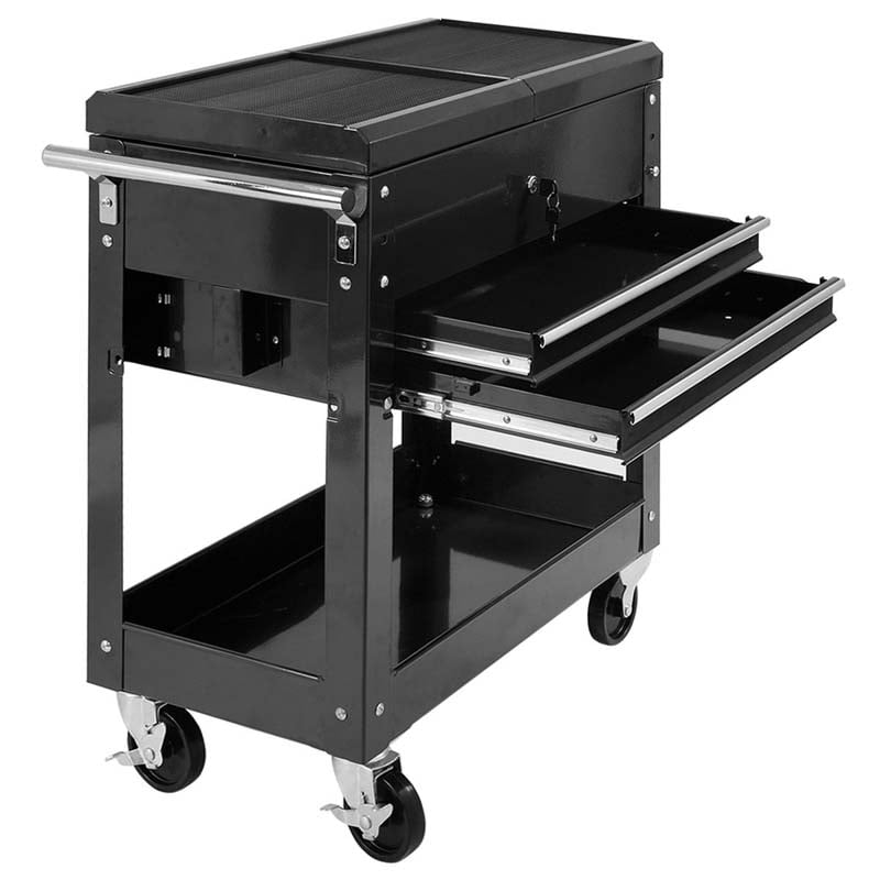 Portable Rolling Tool Cart 2-Drawer Tool Storage Cabinet Metal Toolbox Organizer with Slide Top