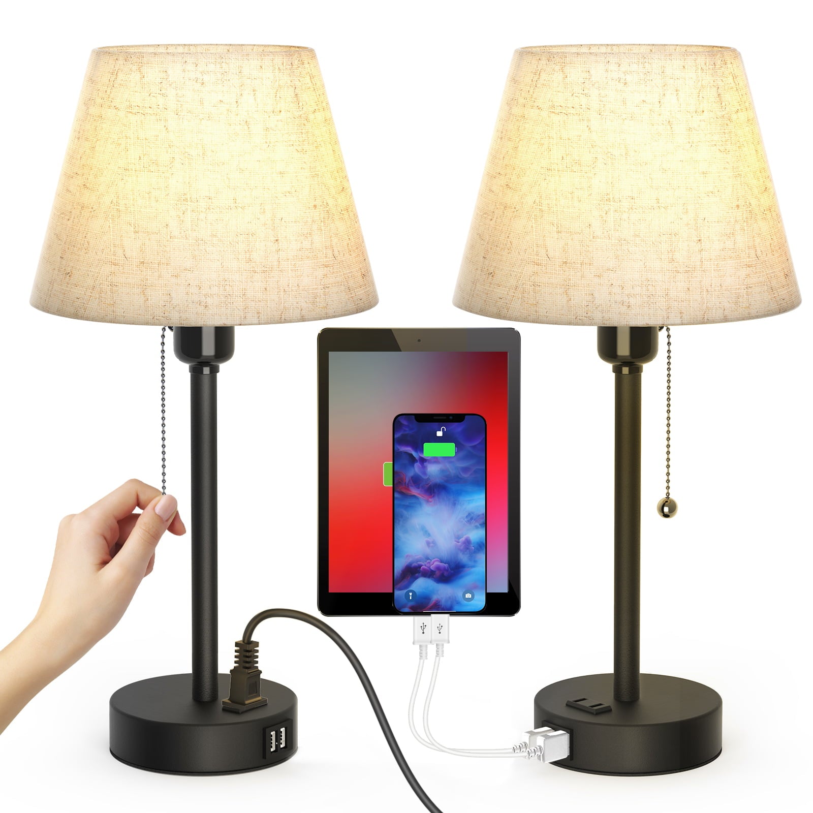 Tomshine Bedside Table Lamps with 2 USB Charging Ports, Modern Table Lamps with Fabric Shade for Bedroom, Living Room, Office Set of 2