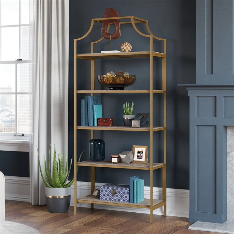 Sauder International Lux 5 Shelf Metal Frame Bookcase Gold Satin/Sindoori Mango   Contemporary   Bookcases   by Homesquare  Houzz