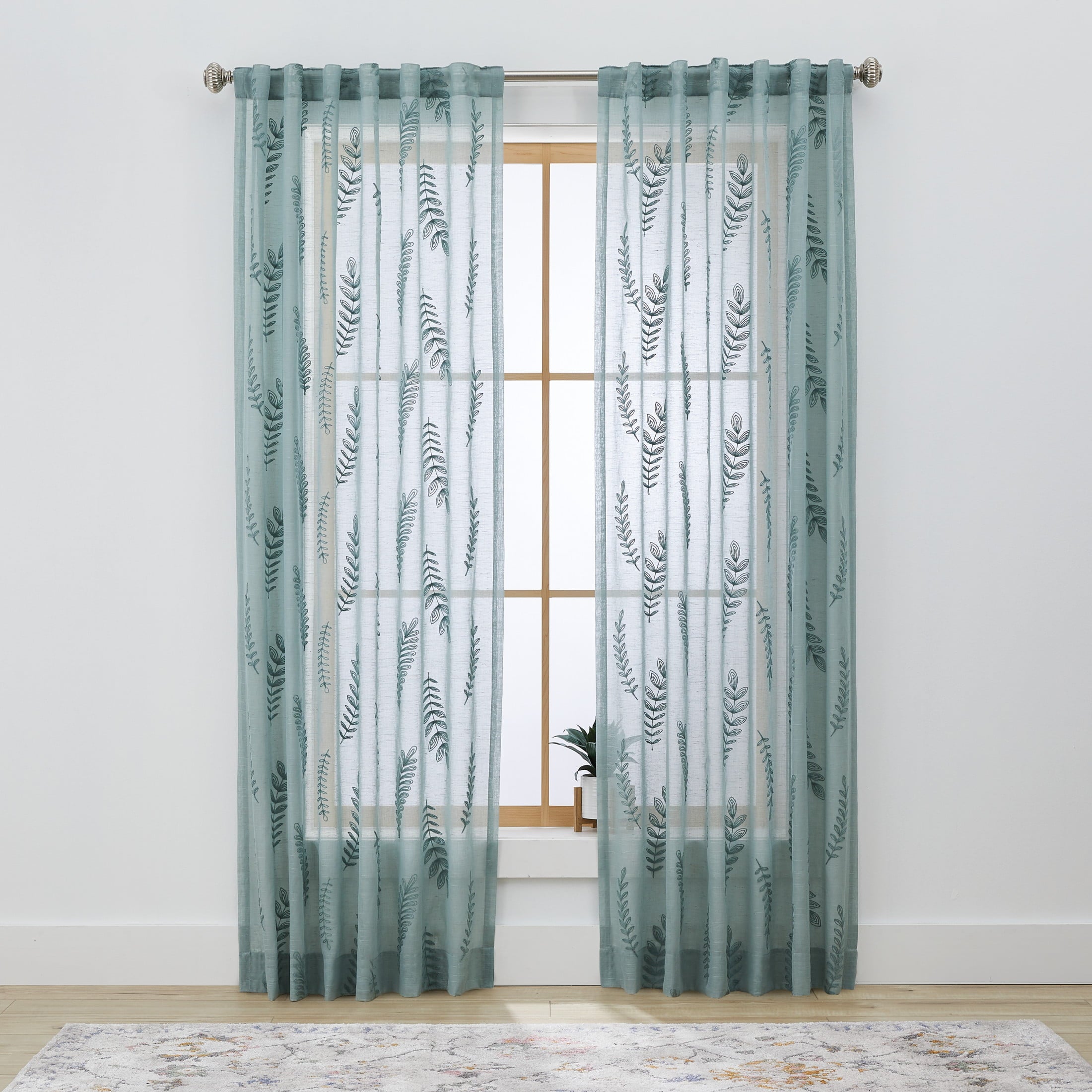 Better Homes & Gardens Embroidered Botanical Sheer 108Single Curtain Panel Green River , Polyester Linen