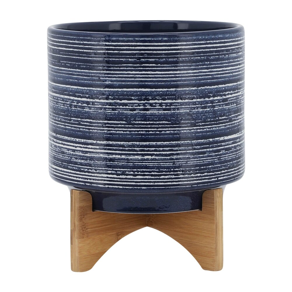 Blue with White Stripes Handmade Ceramic Planter with Wood Stand   9.75\