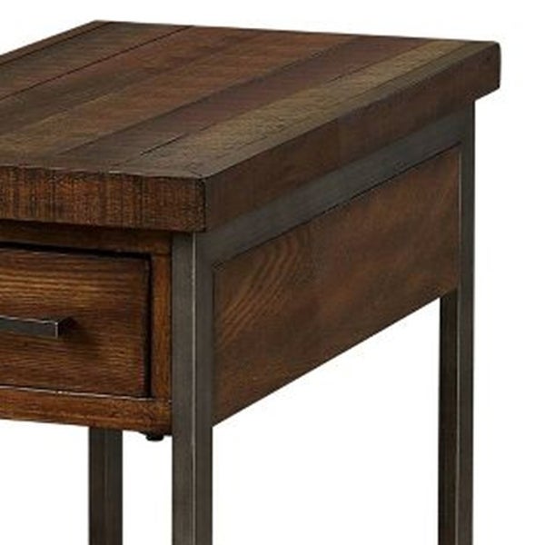 Rectangular Wood and Metal Side Table with USB Outlet， Brown and Gray