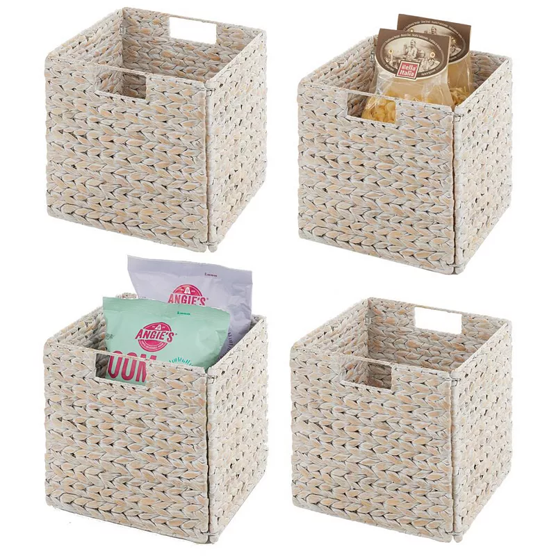 mDesign 10.5 x 10.5 x 10.5 Hyacinth Kitchen Storage Basket with Handles， 4 Pack