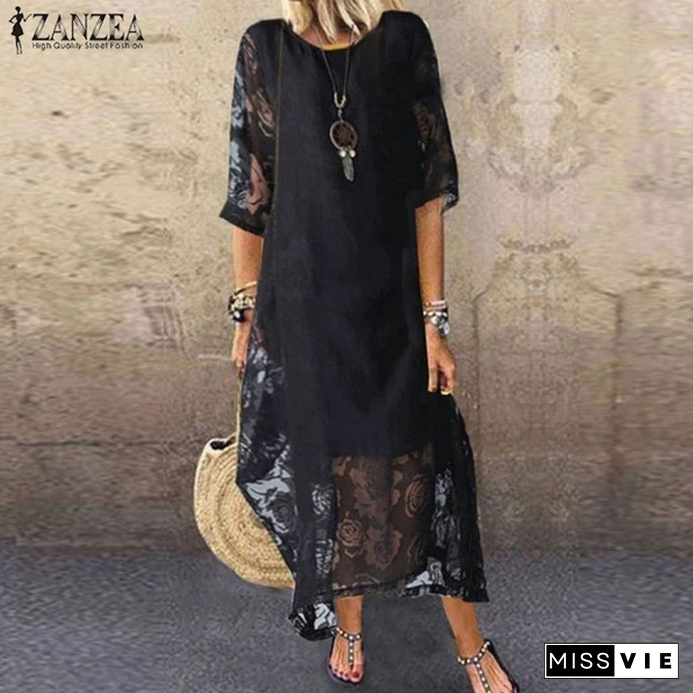 ZANZEA Women Oversized Lace Crochet Cotton Lining Crew Neck Loose Shirt Dress