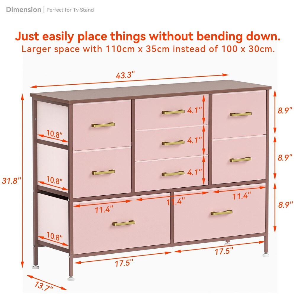 Wide Dresser TV Stand Entertainment Center with 9 Drawers for 50'' TV with Leather Front  Metal Handles  Large Chest of Drawers