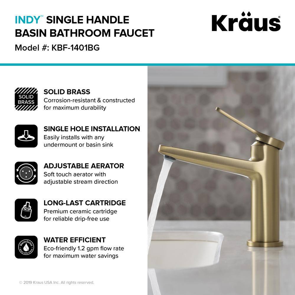 KRAUS Indy Single Handle Bathroom Faucet and Pop Up Drain with Overflow in Brushed Gold KBF-1401BG-PU-11BG