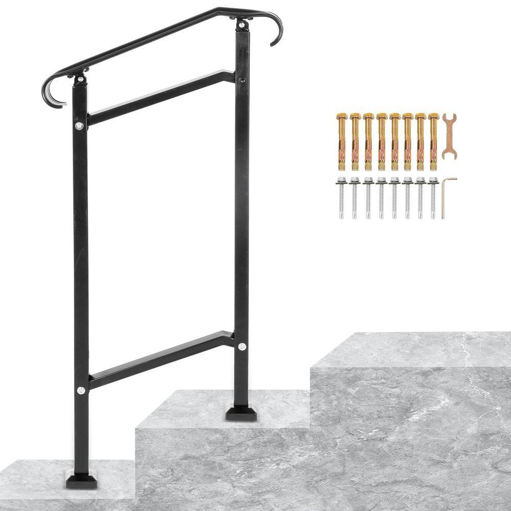 VEVOR Outdoor Stair Railing Fit 1 or 2 Steps Wrought Iron Handrail Adjustable Front Porch Hand Railings Black LTFSLDS1BMLFS0001V0