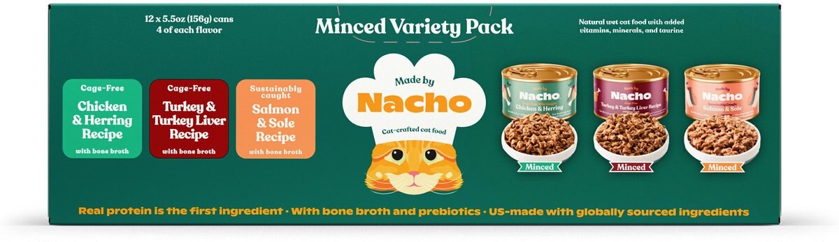 Made by Nacho Chicken， Herring， Salmon and Turkey Variety Pack Minced Wet Cat Food， 5.5-oz can， case of 12