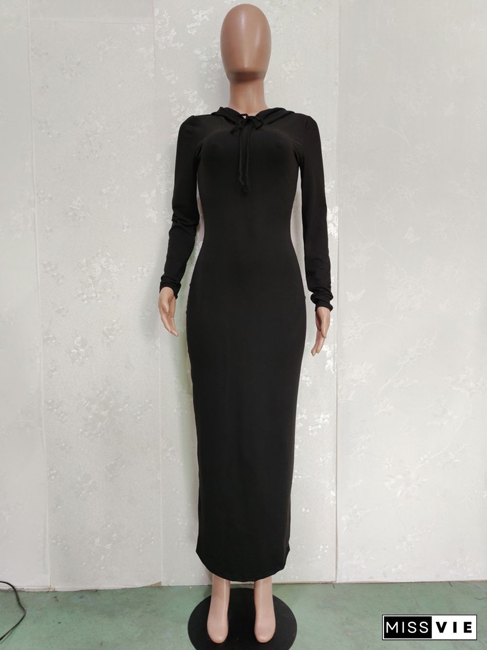 Solid Hooded Long Sleeve Bodycon Maxi Dress