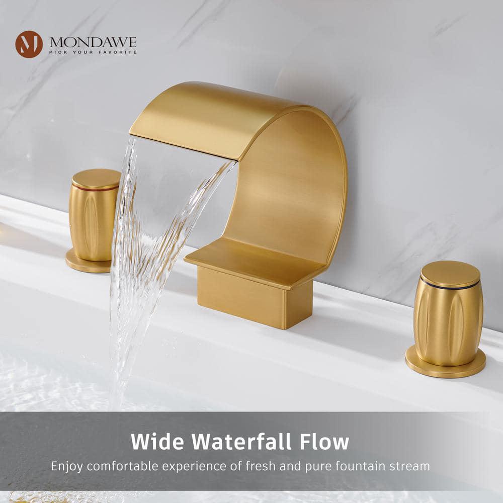 Mondawe Luxury C Arc Waterfall Spout 2Handle 8 in Widespread Bathroom Sink Faucet With Popup Drain in Brushed Gold