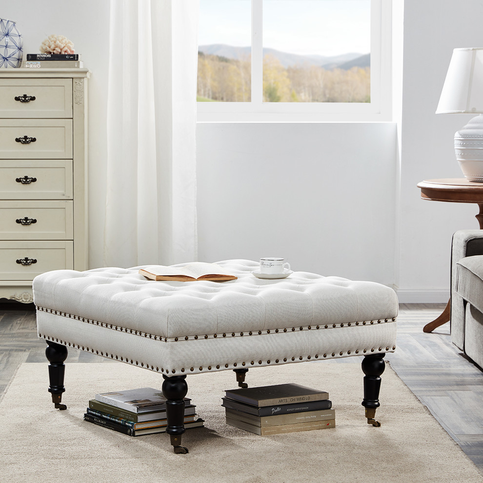 Button Tufted Square Ottoman Bench With Rolling Wheels Nailhead Trim   Traditional   Footstools And Ottomans   by OneBigOutlet  Houzz