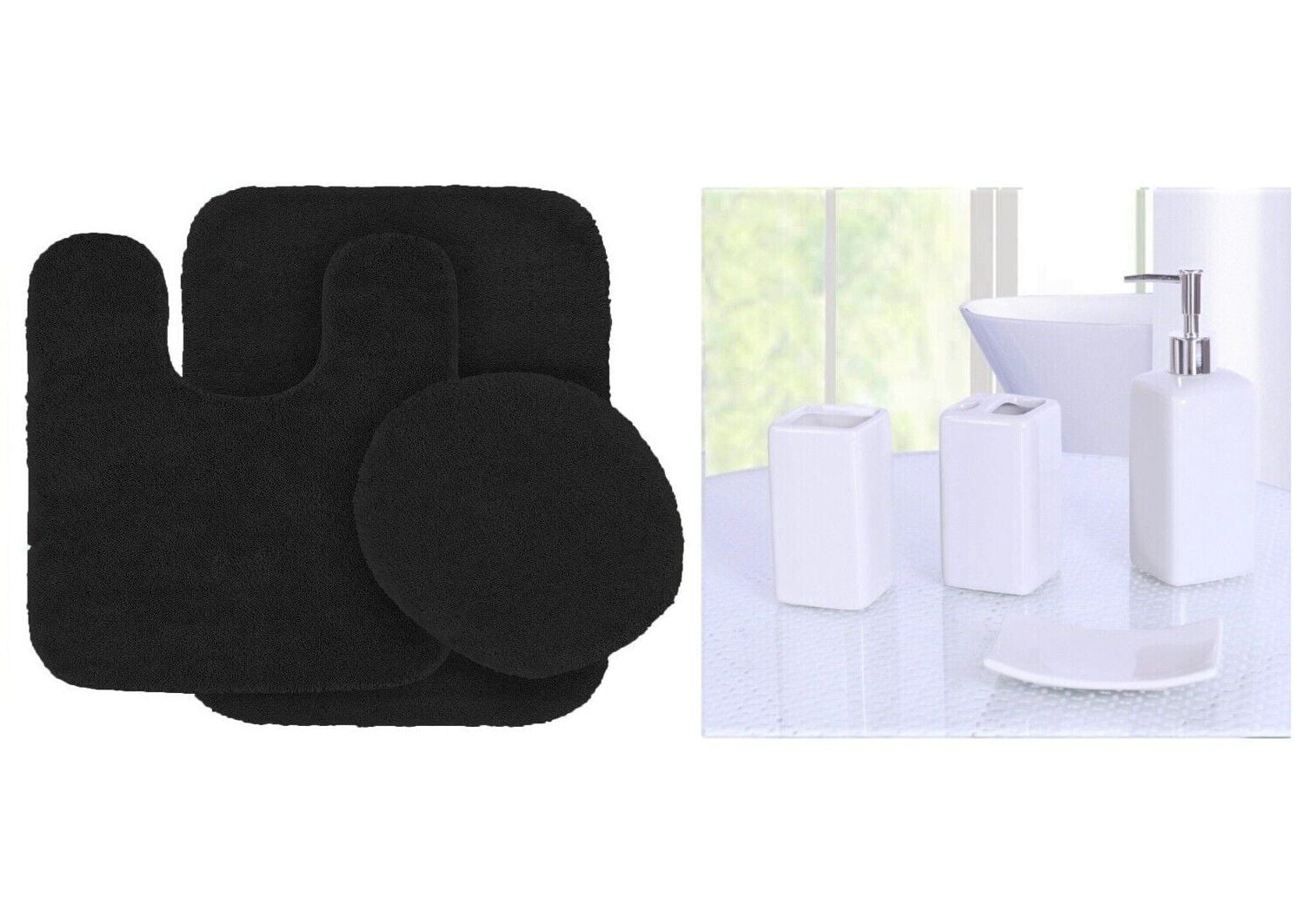 Non Slip Mat Rug for bathroom Black Color #6 Ultra Soft Chenille 1 Mat ，1 Contour Mat， 1 Lid Cover Plus 4pc Ceramic Accessories