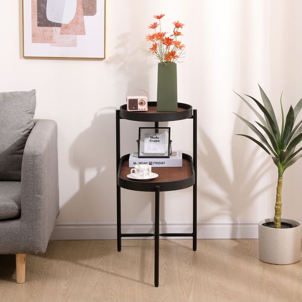 Modern 2 Layer Side Table Brown Tray Top Metal Frame Living Room Cafe