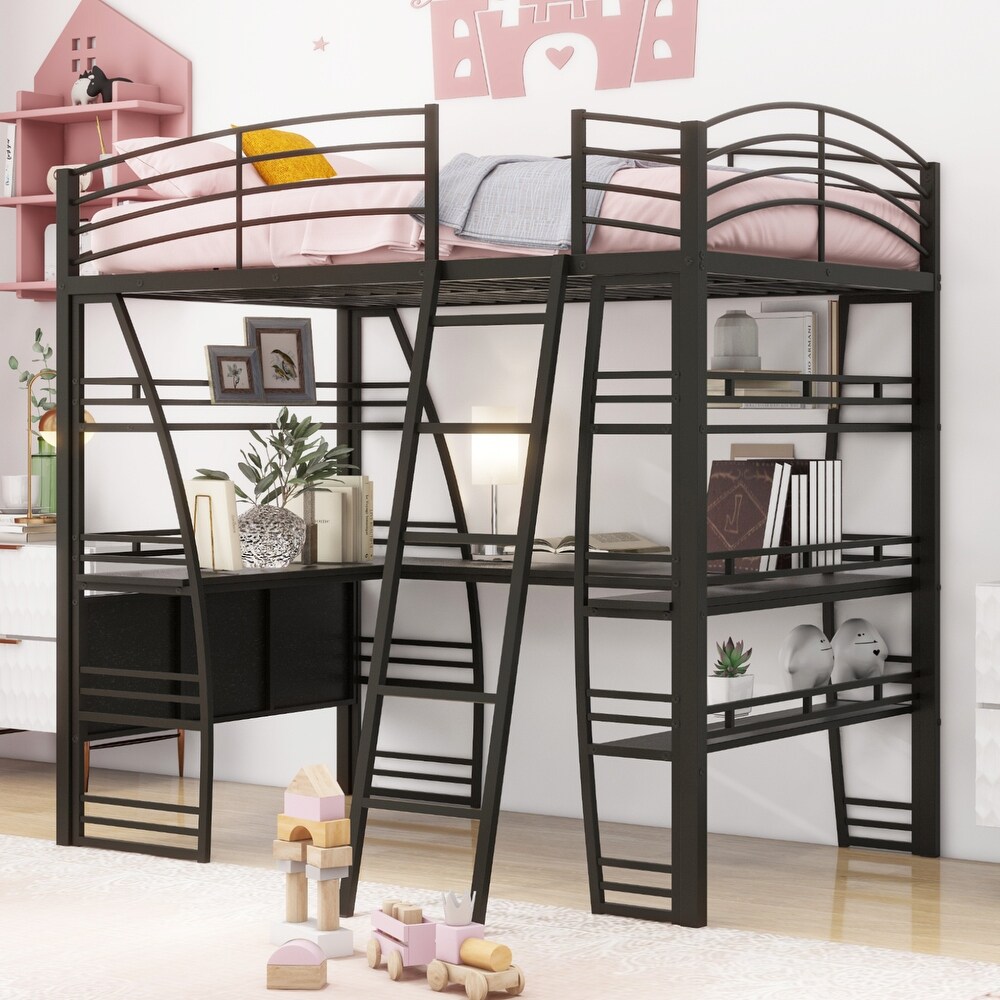 Full Size Metal Loft Bed with 4 Layers of Shelves and L Shaped Desk