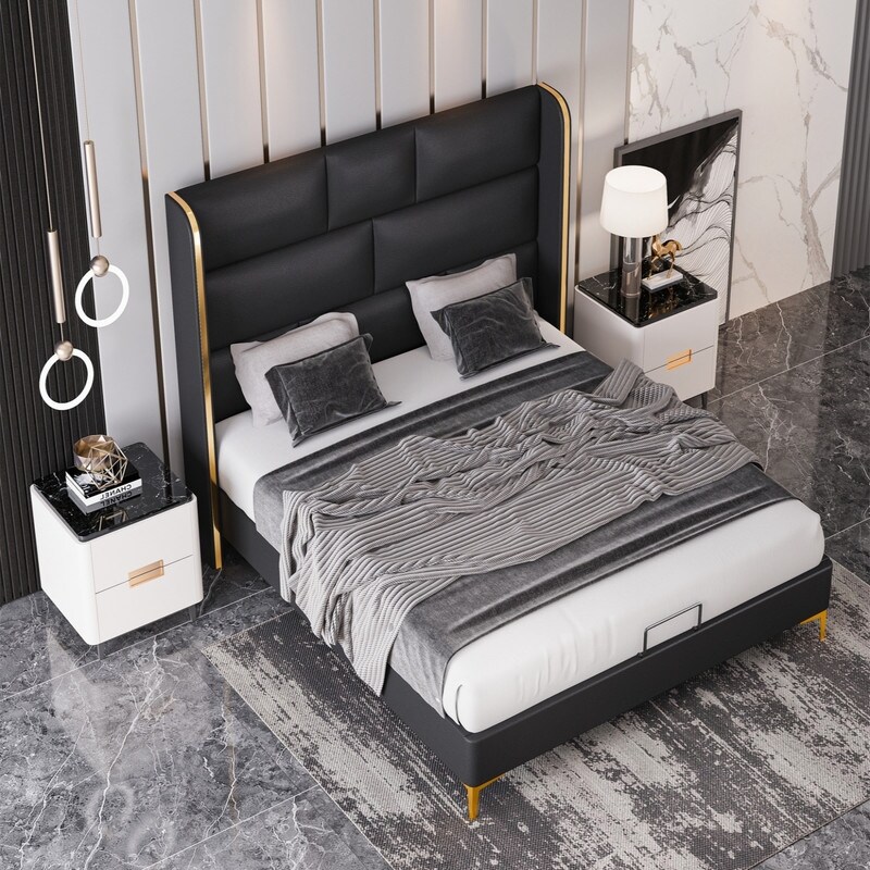 Queen Size Square Tufted Upholstered Platform Bed with 56\