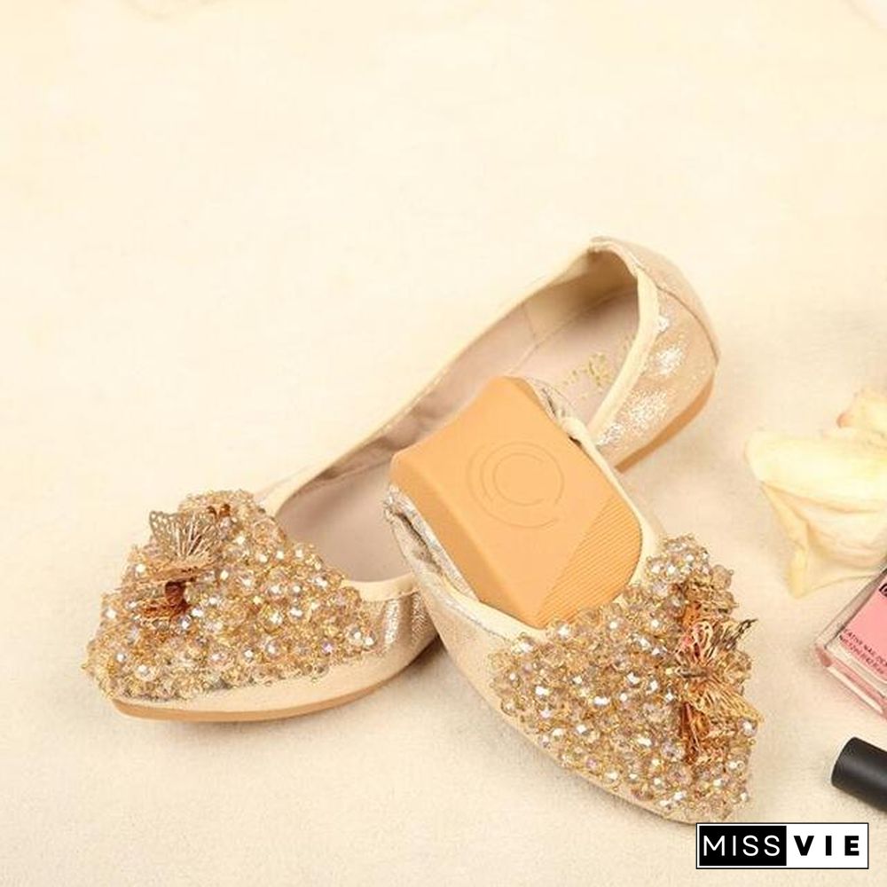 Woman Sequined Flat Shoes Elegant Rhinestone Fashion Foldable Flats