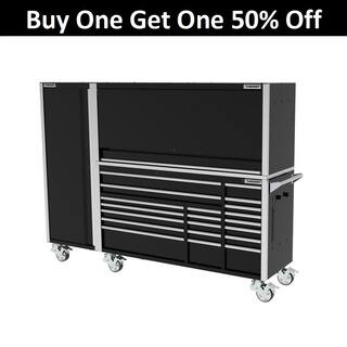 Husky 72 in. W x 24.5 in. D Professional Duty 20-Drawer Mobile Workbench Combo w Side Locker and Top Hutch in Gloss Black HPROSUITE2