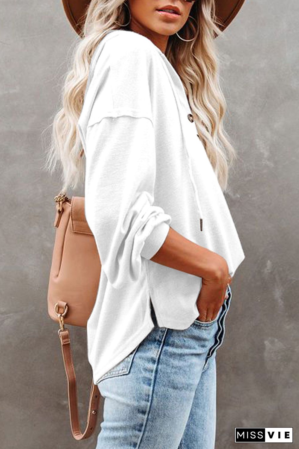 White Buttoned High and Low Hem Hoodie