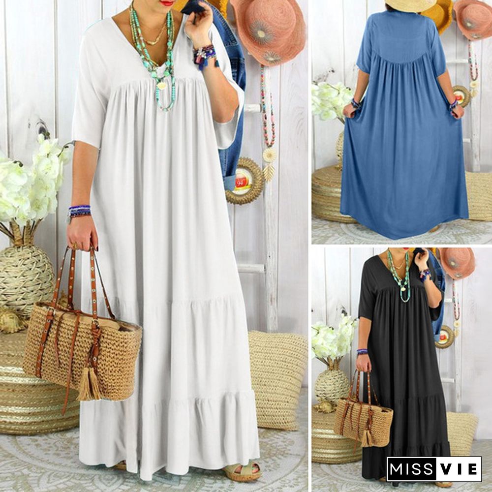 Women's Fashion Maxi Dress Casual Short Sleeve V Neck Loose Pleated Tunic Dress Kaftan Dress Kleid Plus Size