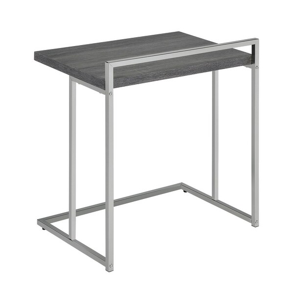 Dey 27 Inch C Shape Side End Table， Weathered Gray Top， Satin Nickel Metal