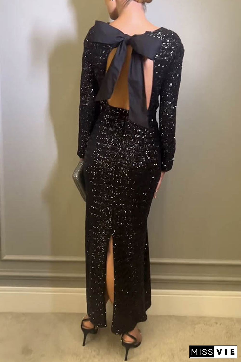 Sexy Solid Sequins With Bow O Neck Evening Dress Dresses