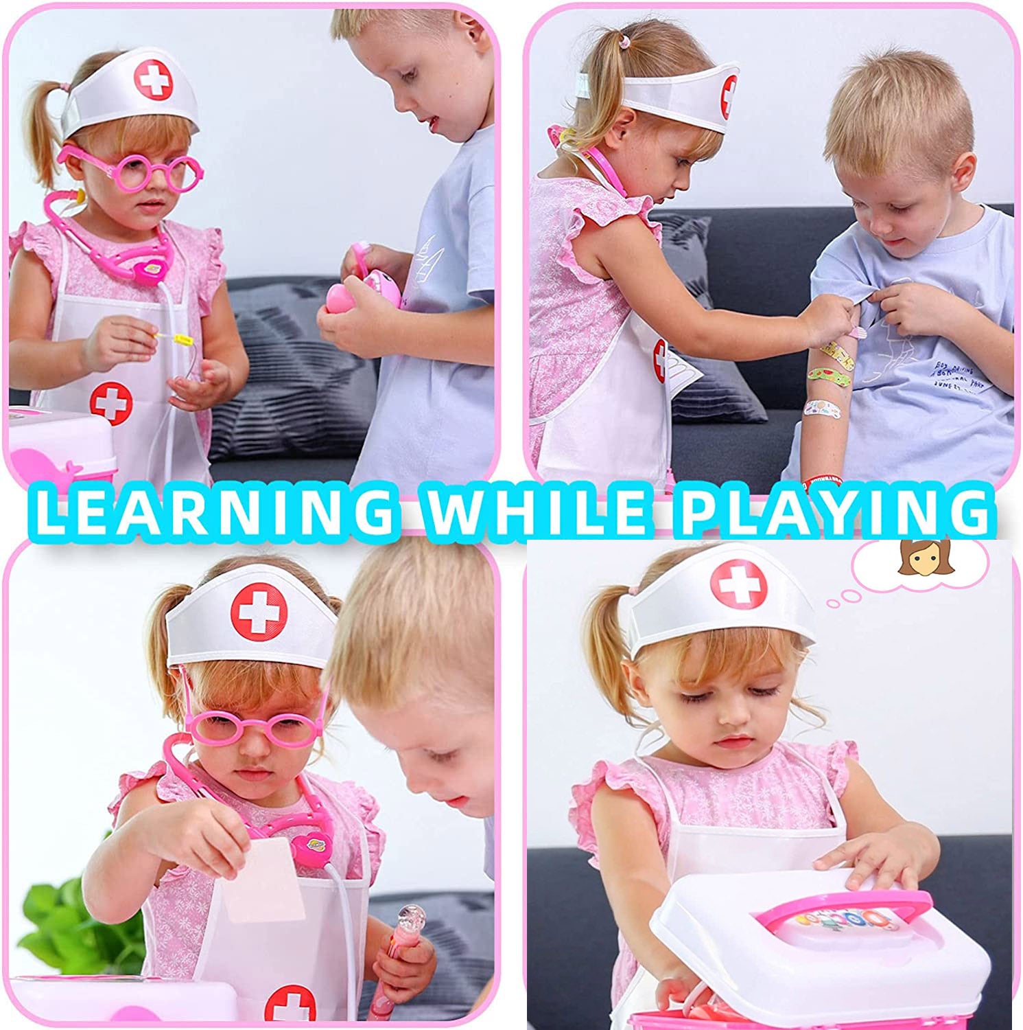 NimJoy Preschool Toys Doctor Play Set W/Case and Doll Medical Kit for Kids 3Y+, Pretend-N-Play Doctor Set Gift to Toddler Boys and Girls, 41PCS Pink