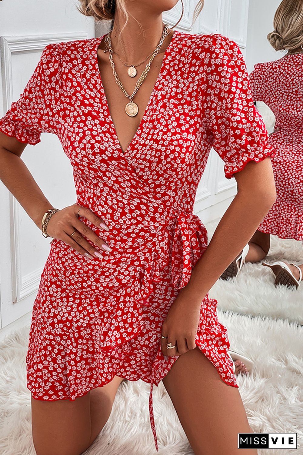 Wrap V Neck Waist Tie Floral Mini Dress