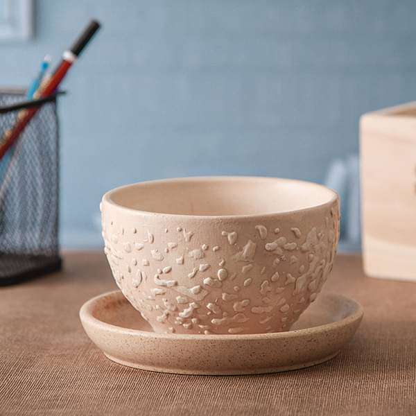 4.4 inch (11 cm) CP015 Embossed Bowl Round Ceramic Pot With Plate (Beige)