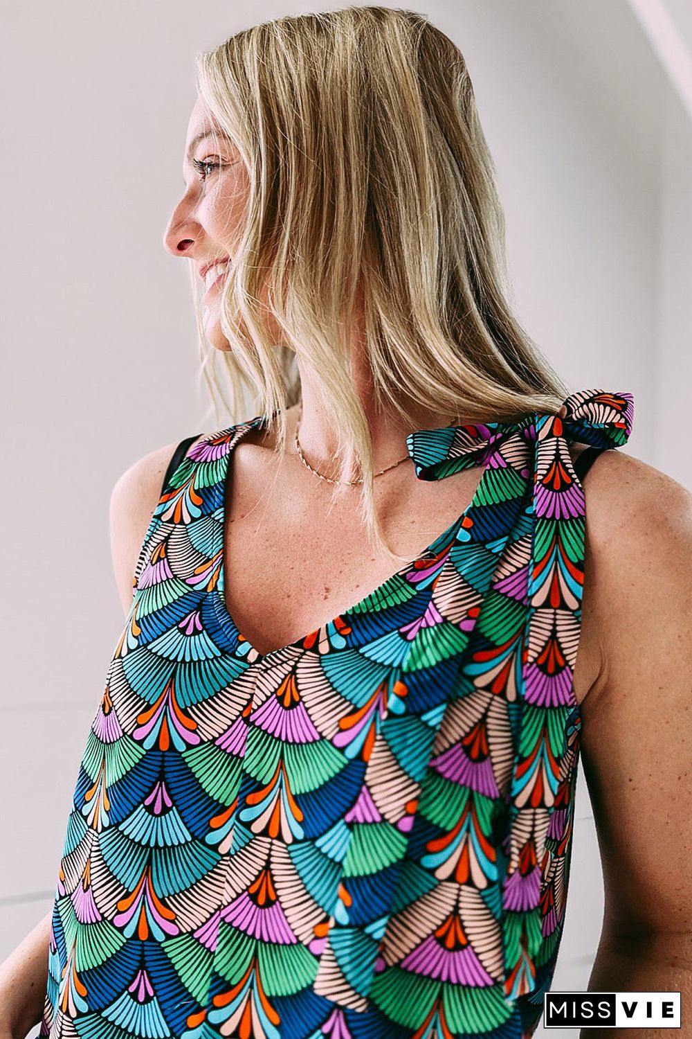 Blue Printed Knotted Shoulder Tank Top