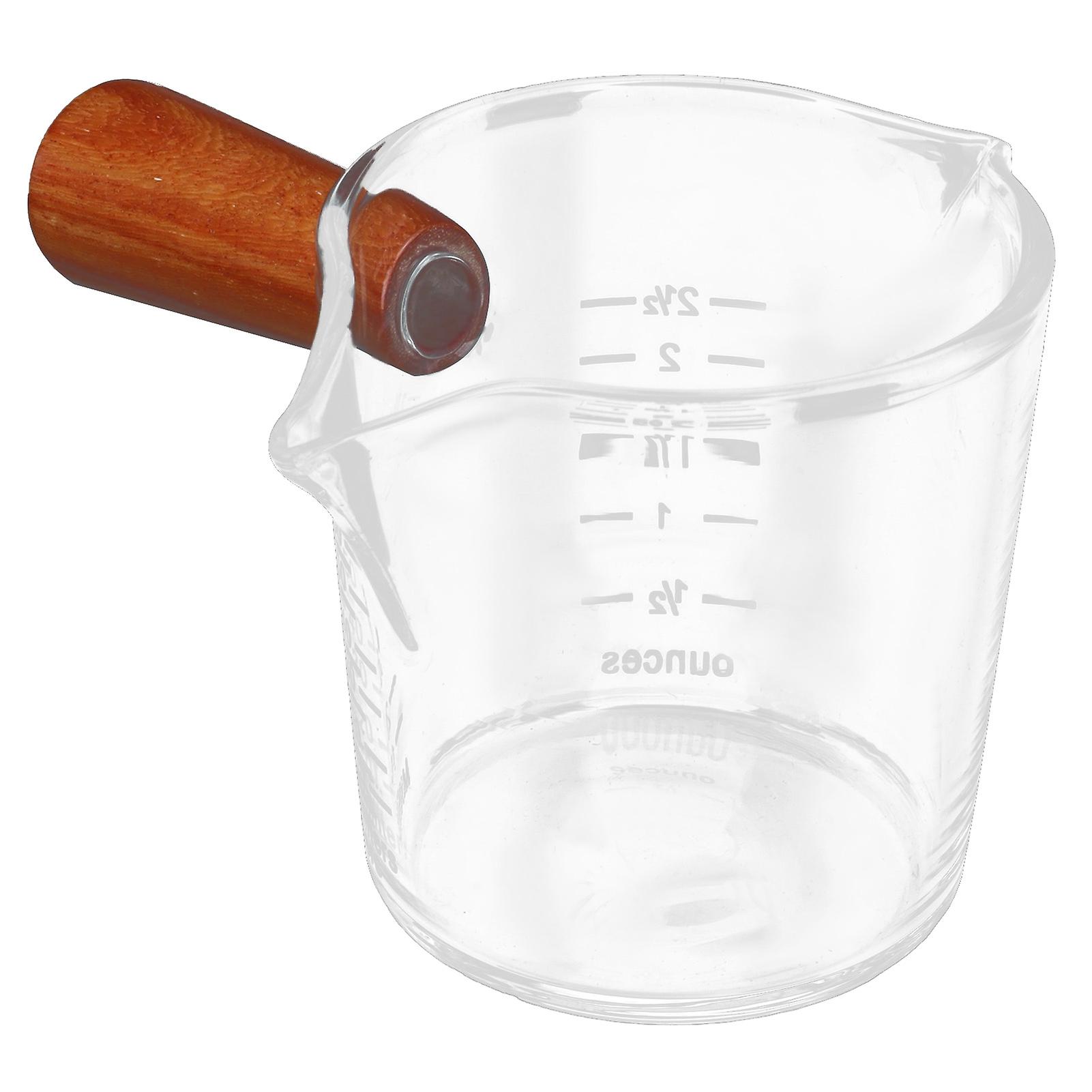 Double Spout Milk Cup with Wooden Handle Glass Coffee Measuring Mug for Home KitchenThick Bottom Type