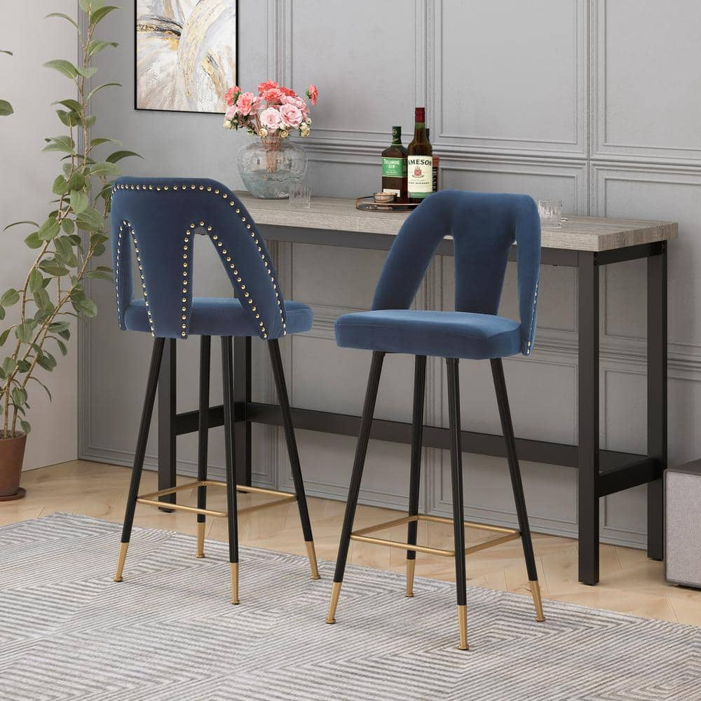 wetiny 40.80 in.Blue Low Back Metal Bar Stool with Velvet Seat Set of 2 Z-T-0810002-5