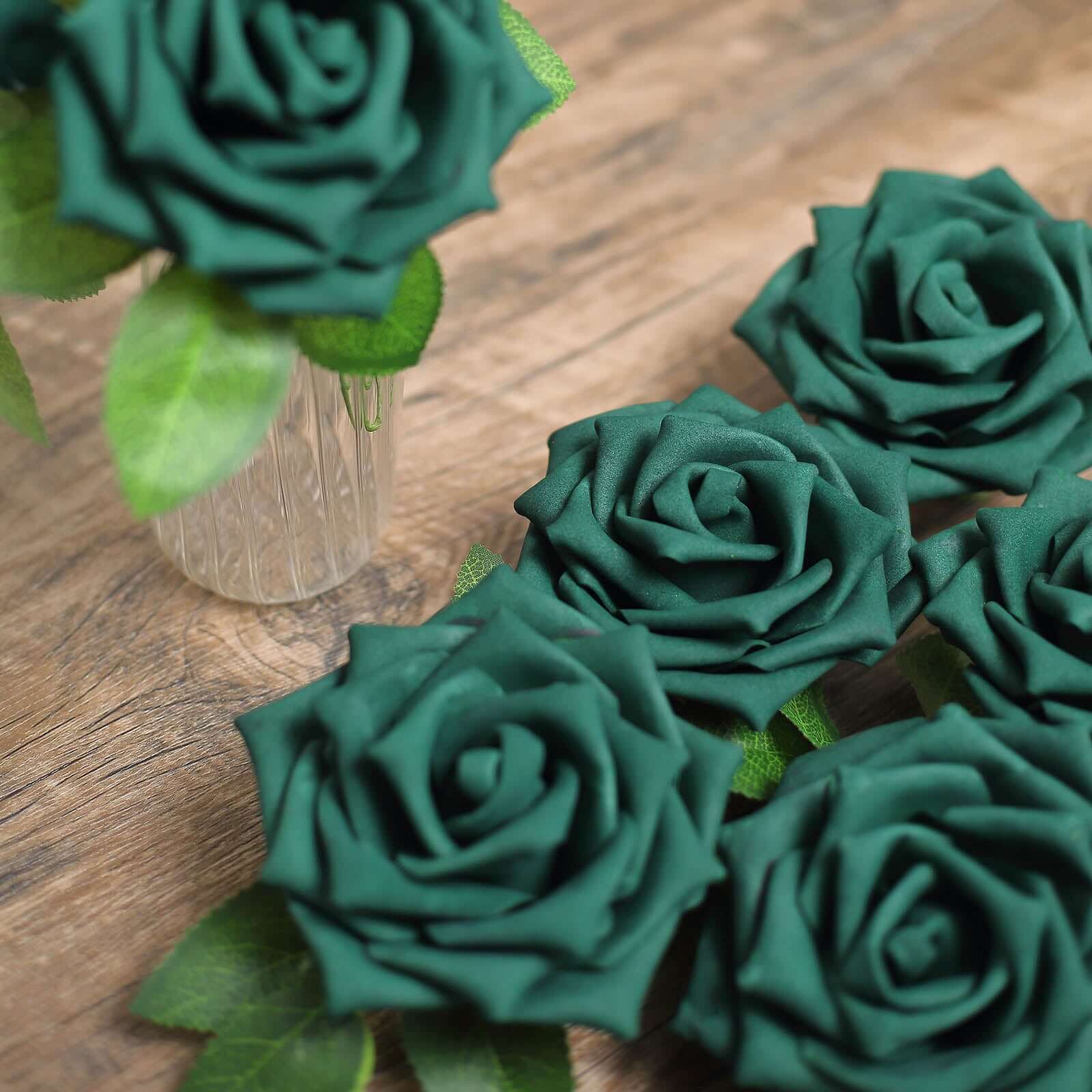 24 Roses Hunter Emerald Green Artificial Foam Flowers With Stem Wire and Leaves 5