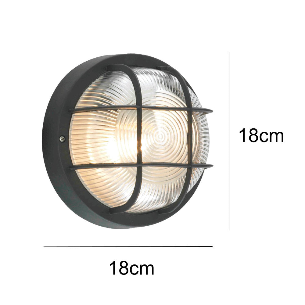 Britalia BRCZ-20947-BLK Black & Ribbed Glass Outdoor Modern Round Bulkhead Wall Light 18cm