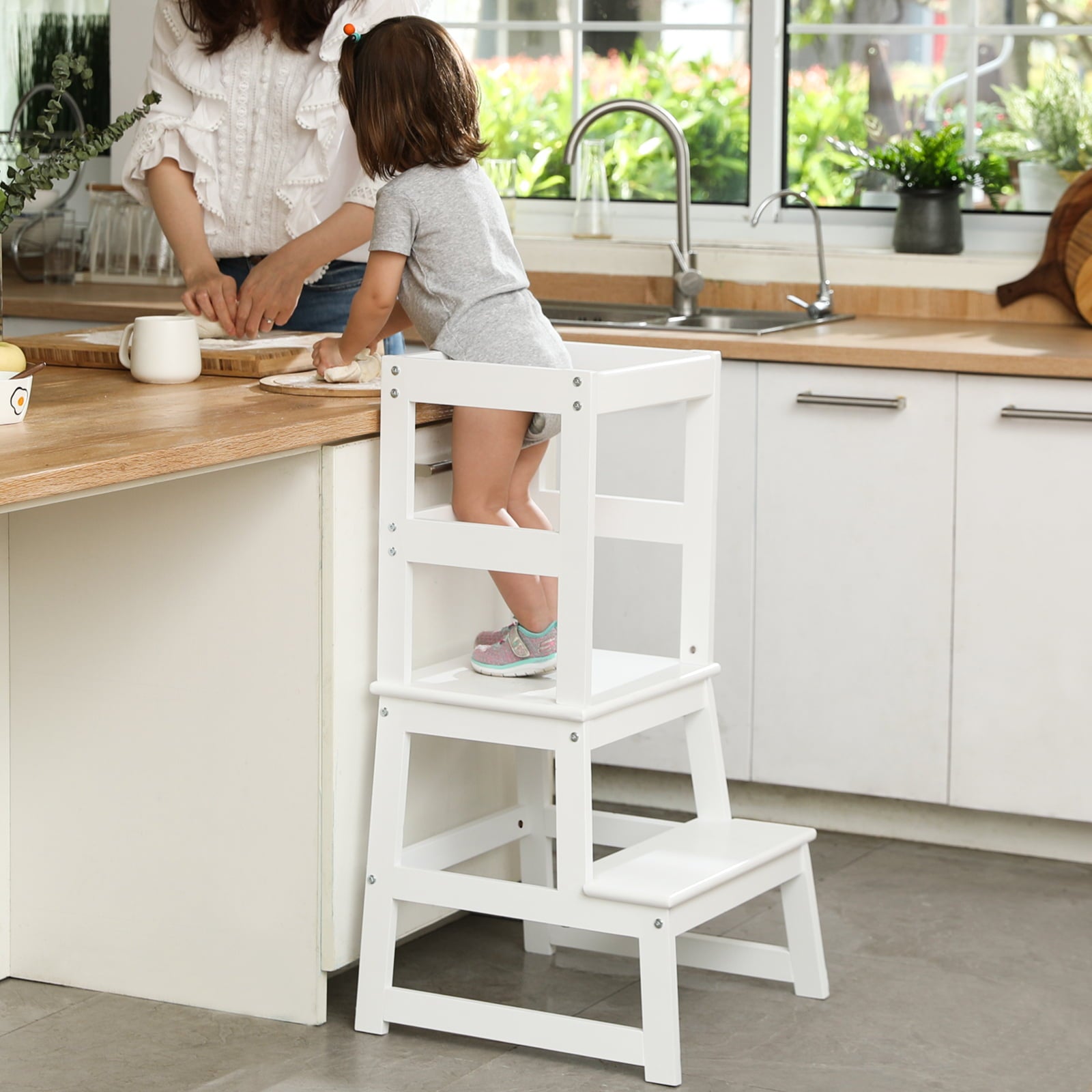 Mangohood Kitchen Step Stool for Kids, Toddler Two Step Standing Tower, Montessori Wooden Learning Furniture, White