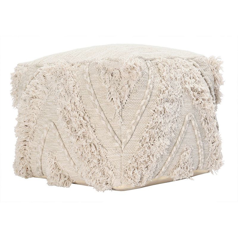 Fabric Pouf Ottoman with Woven Design and Fringe Details， Cream