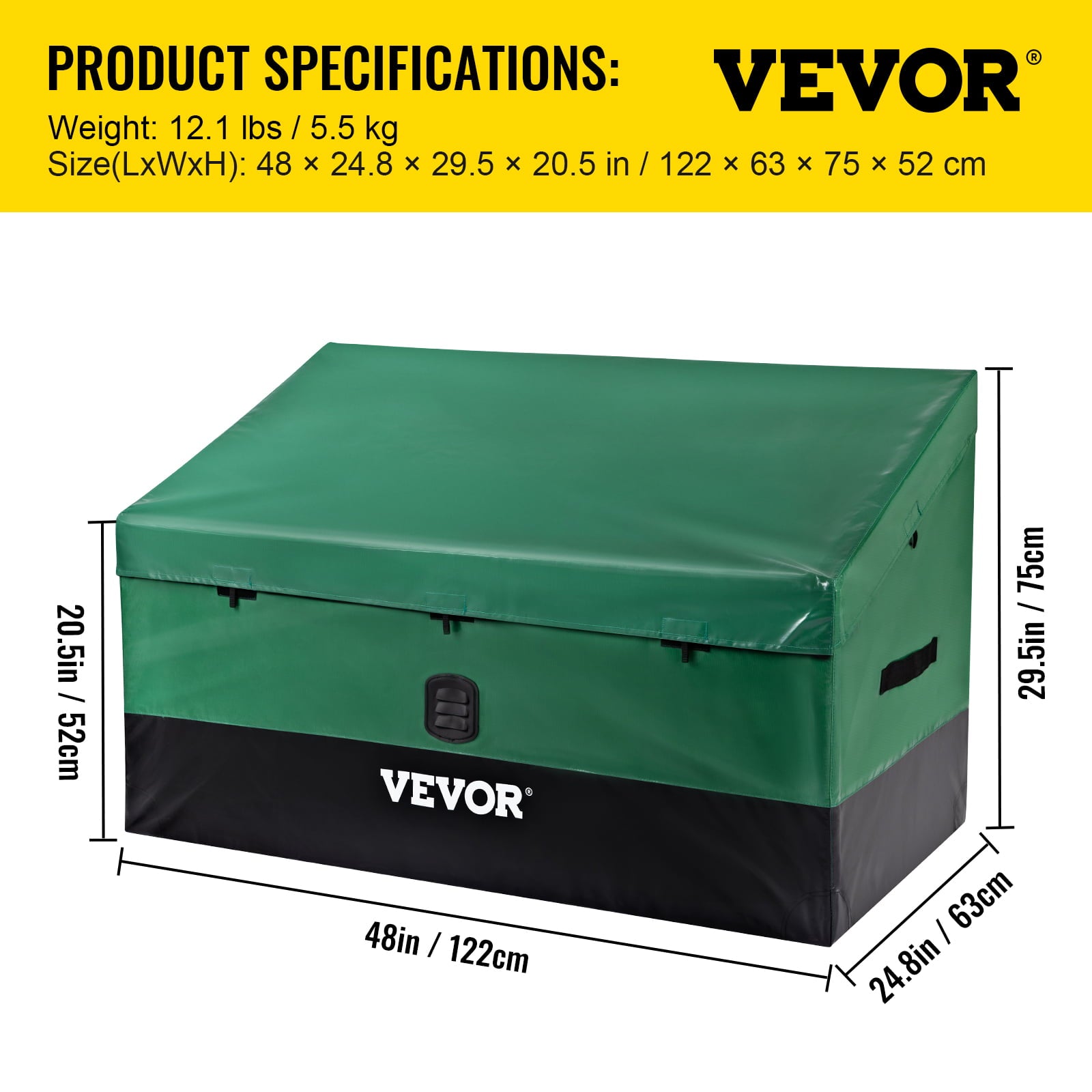 VEOVRbrand Outdoor Storage Box, 100 Gallon Waterproof PE Tarp Deck Box w/ Galvanized Frame, All-Weather Protection & Portable, for Camping, Garden, Poolside, and Yard,Black &Green