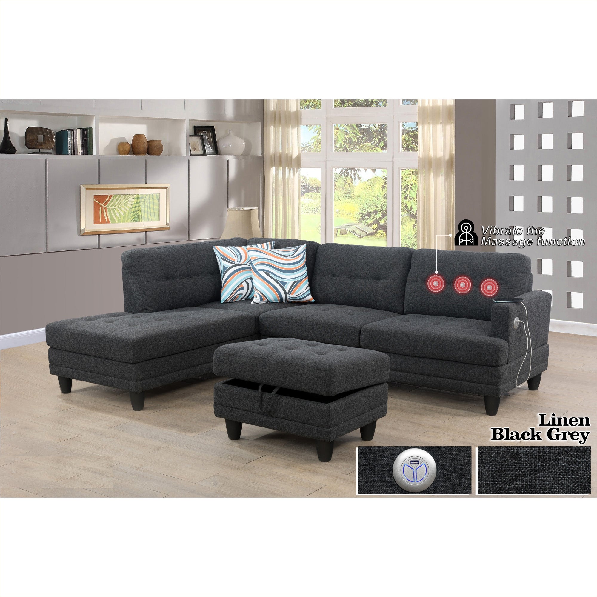 3-Pieces Massage Sectional Sofa Set，Grey Linen(80810A)