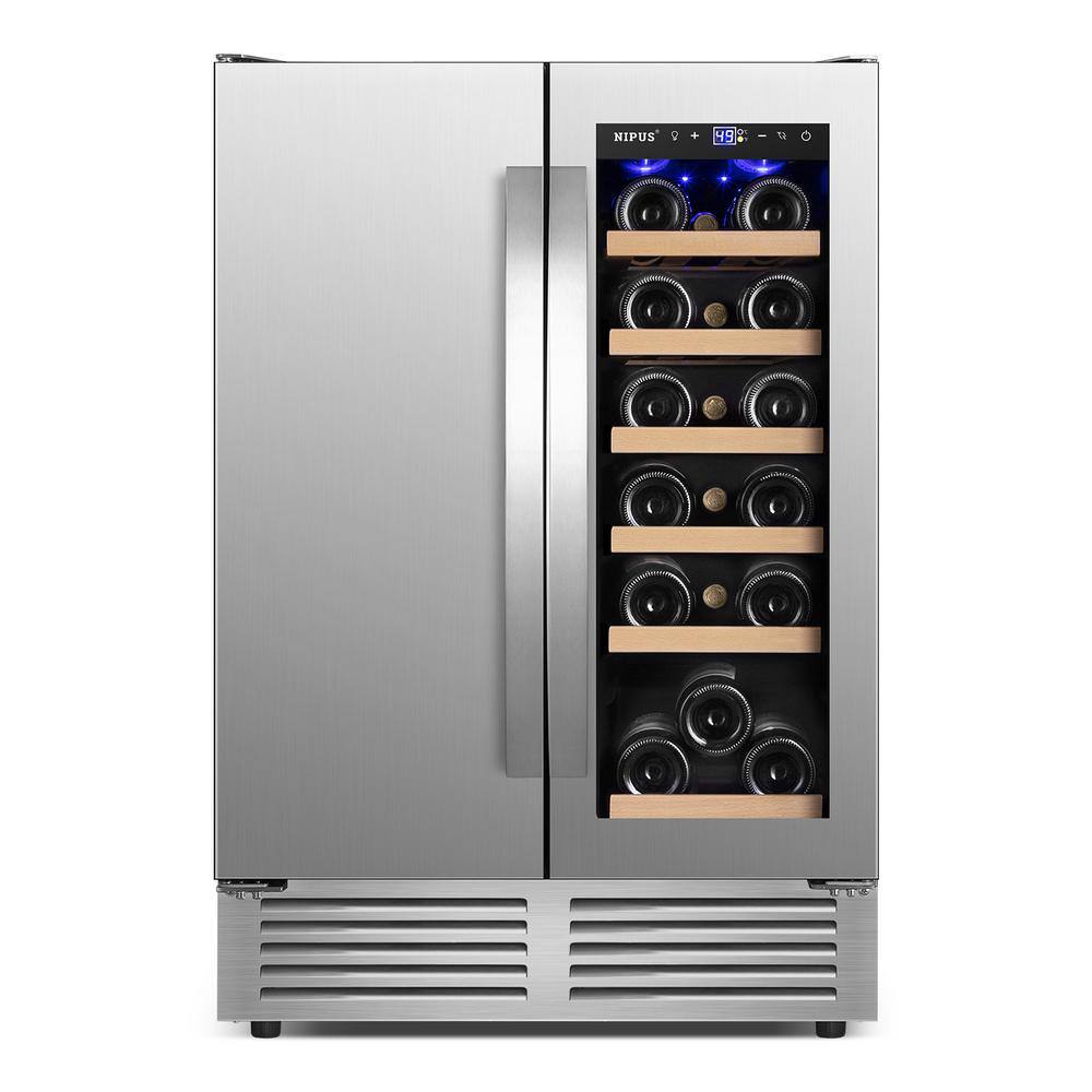 Nipus 24 in. Dual Zone 18 Wine Bottles and 57 Cans Beverage  Wine Cooler in Silver Built in and Freestanding Blue LEDs NPDUAL01