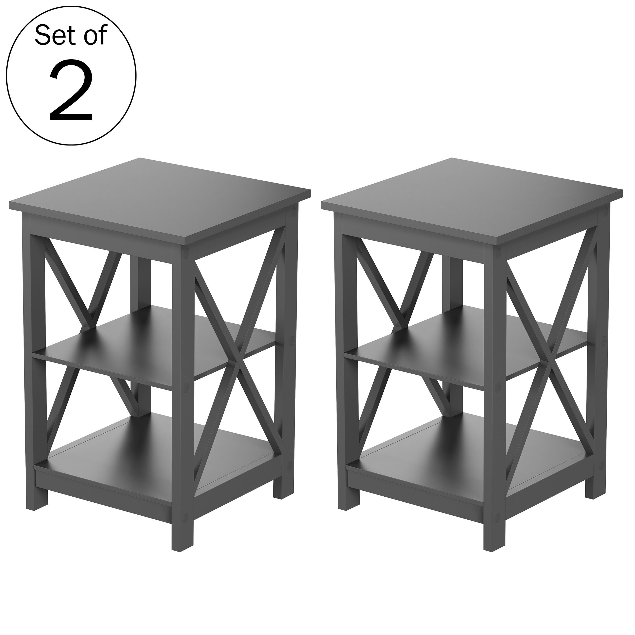 Side Tables with Two Shelves - Set of 2 with X-Legs by Lavish Home (Gray)