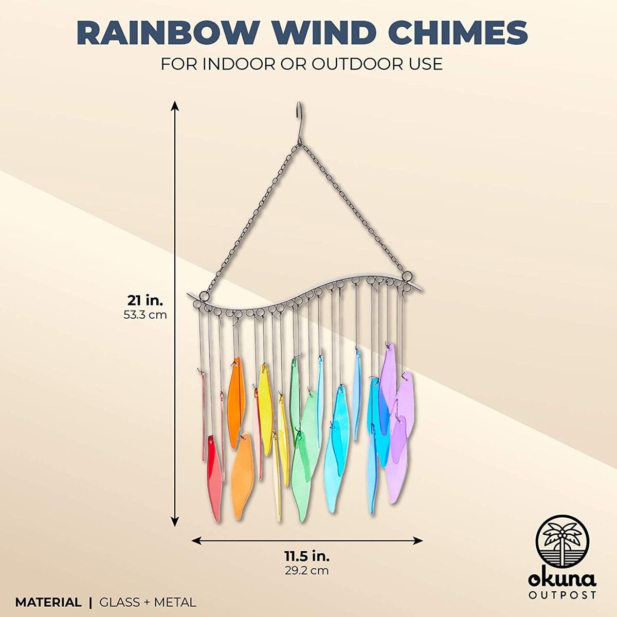 Rainbow Glass Wind Chimes for Outside， Outdoor and Indoor Hanging Decorations， Home Decor， 21 in.