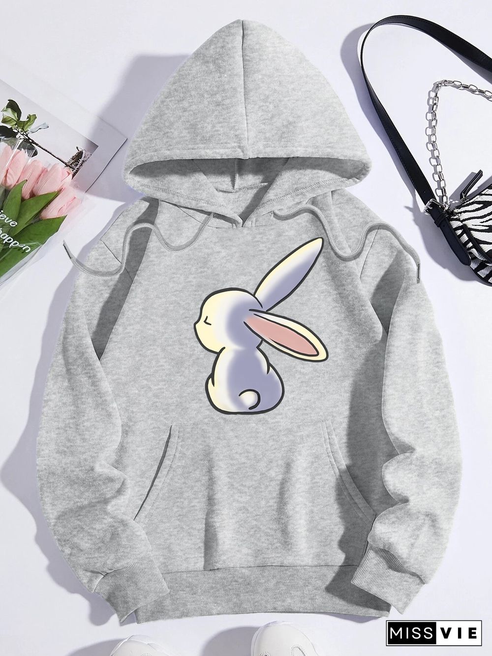 Printed on front Kangaroo Pocket Hoodie Long Sleeve for Women Pattern Unhappy Rabbit