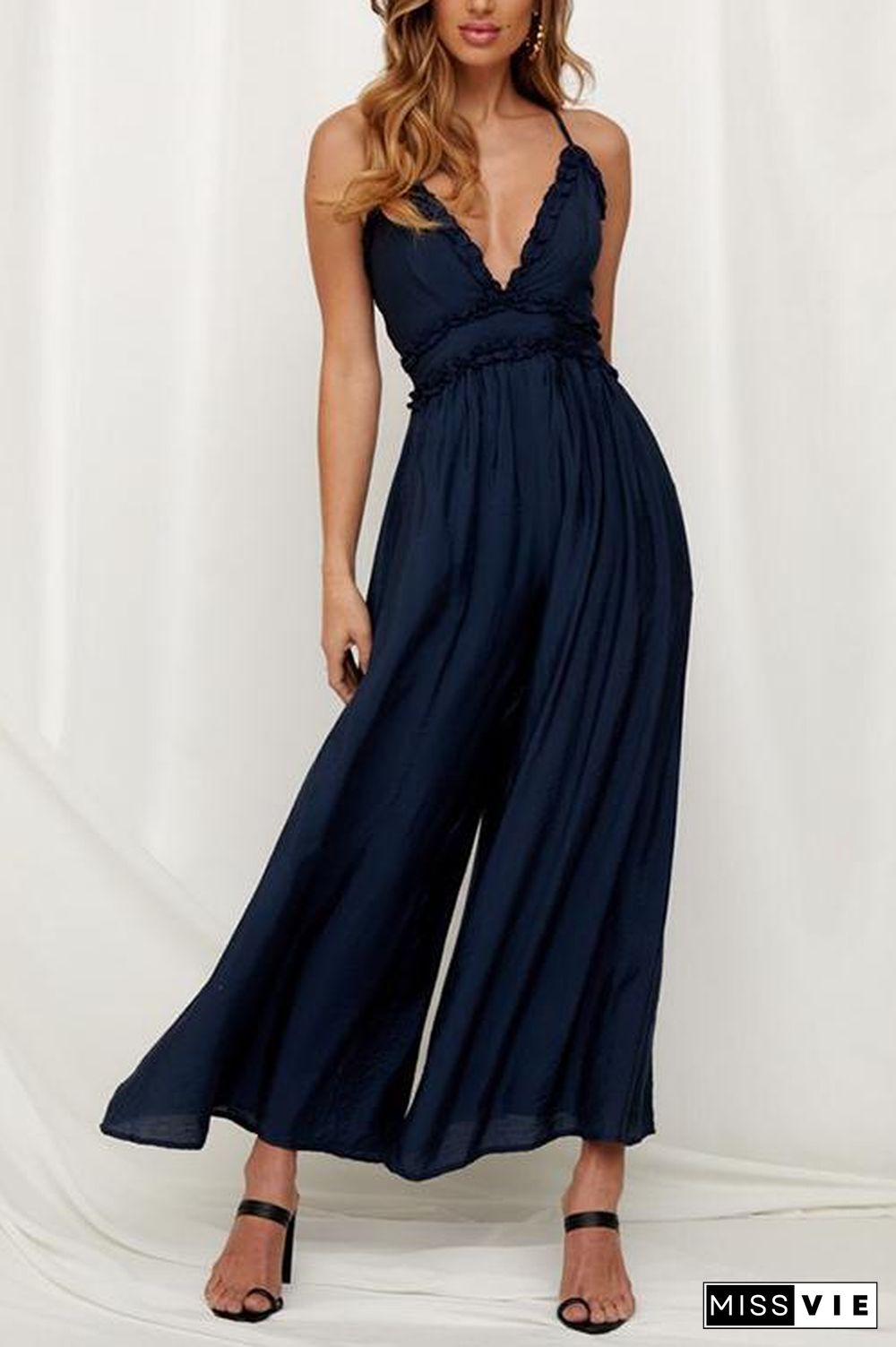 Ruffles V Neck Backless Slip Jumpsuits