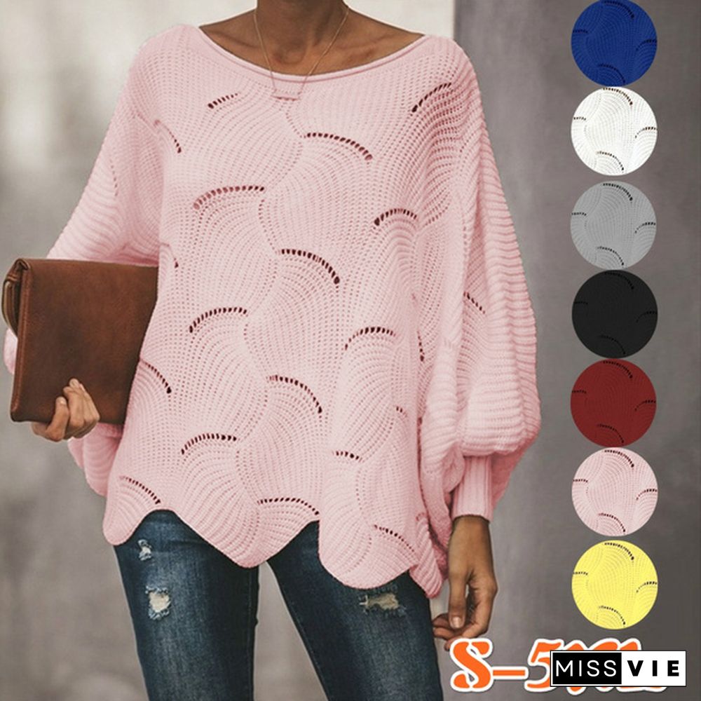 Women's Bat Sleeve Sweaters Casual Hollow Out Loose Sweater Pure Color Autumn Spring Tops Plus Size S-5XL